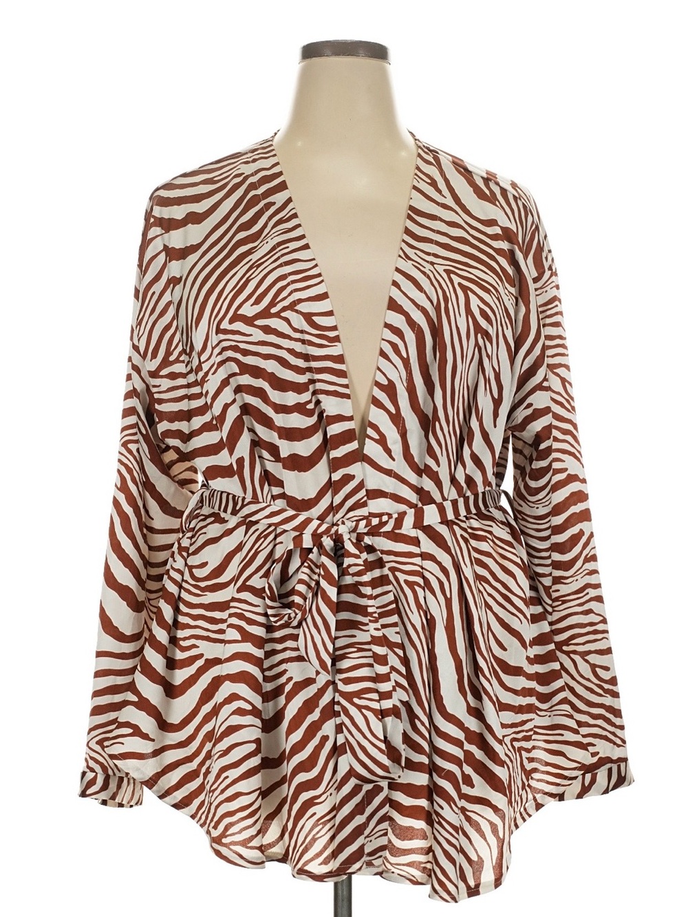 BOOHOO Brown Zebra-Print Tie-Waist Long Sleeve Blouse | Size 18